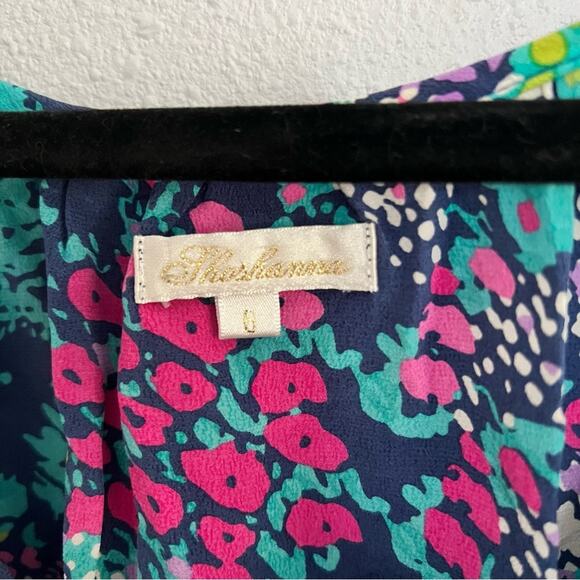 Shoshanna Teal Blue Pink Printed Long Sleeve 100% Silk Blouse Women's size 6 - Picture 4 of 5